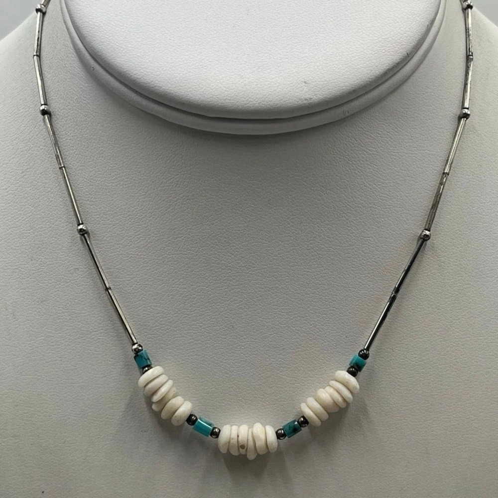 Vintage Southwestern Sterling Silver Turquoise and Shell‎ Beaded Choker Necklace